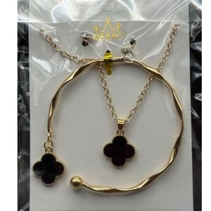 Gold Clover Necklace Bracelet Set Black Four Leaf Charm Jewelry Set